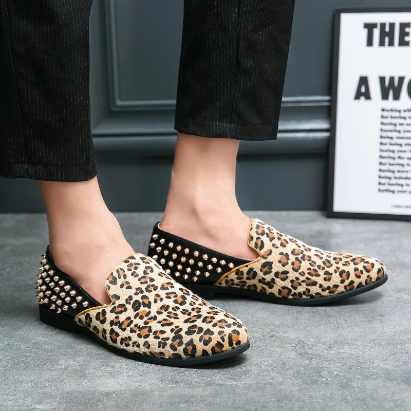Fashion Men's Leopard Leather Shoes Plus Size 38-48 Comfortable Slip-On Casual Shoes Men Loafers Low-Cut Lightweight Flats Shoes