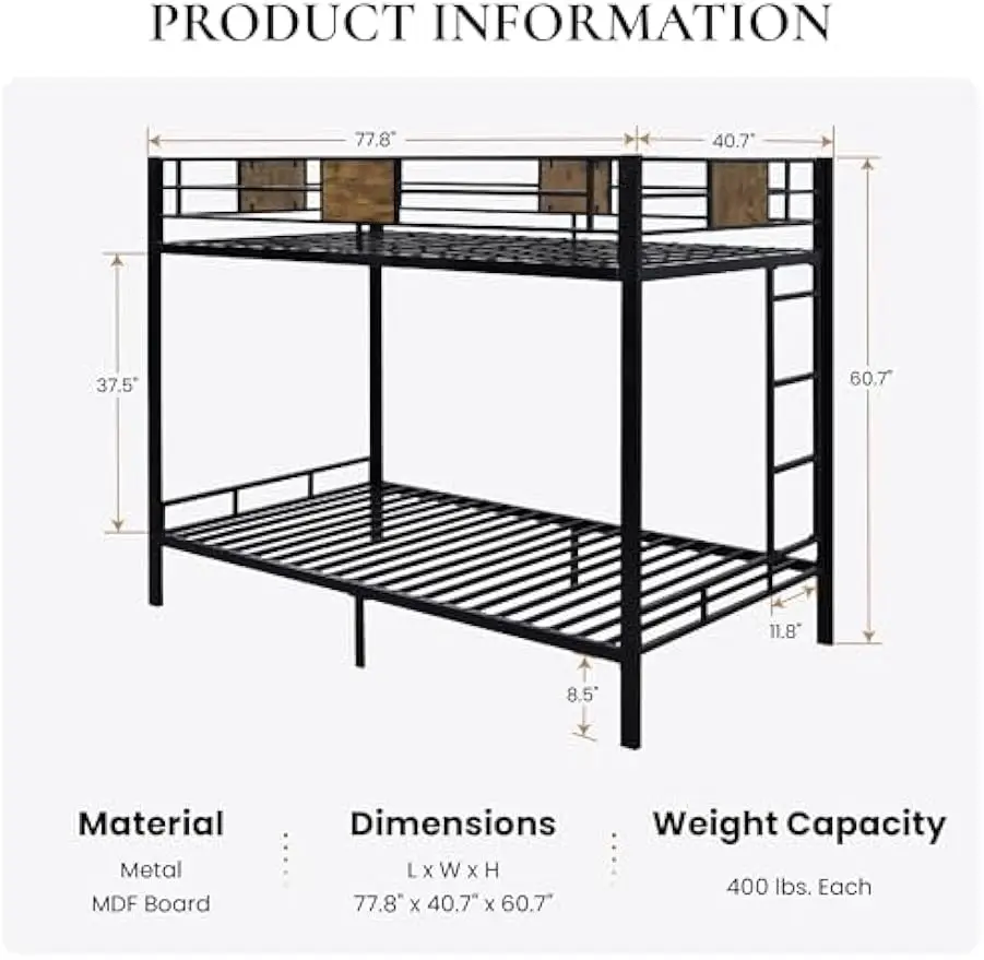 Bunk Bed Twin Over Twin Size with Ladder and Full-Length Guardrail, Metal, Storage Space, No Box Spring Needed, Noise Free,