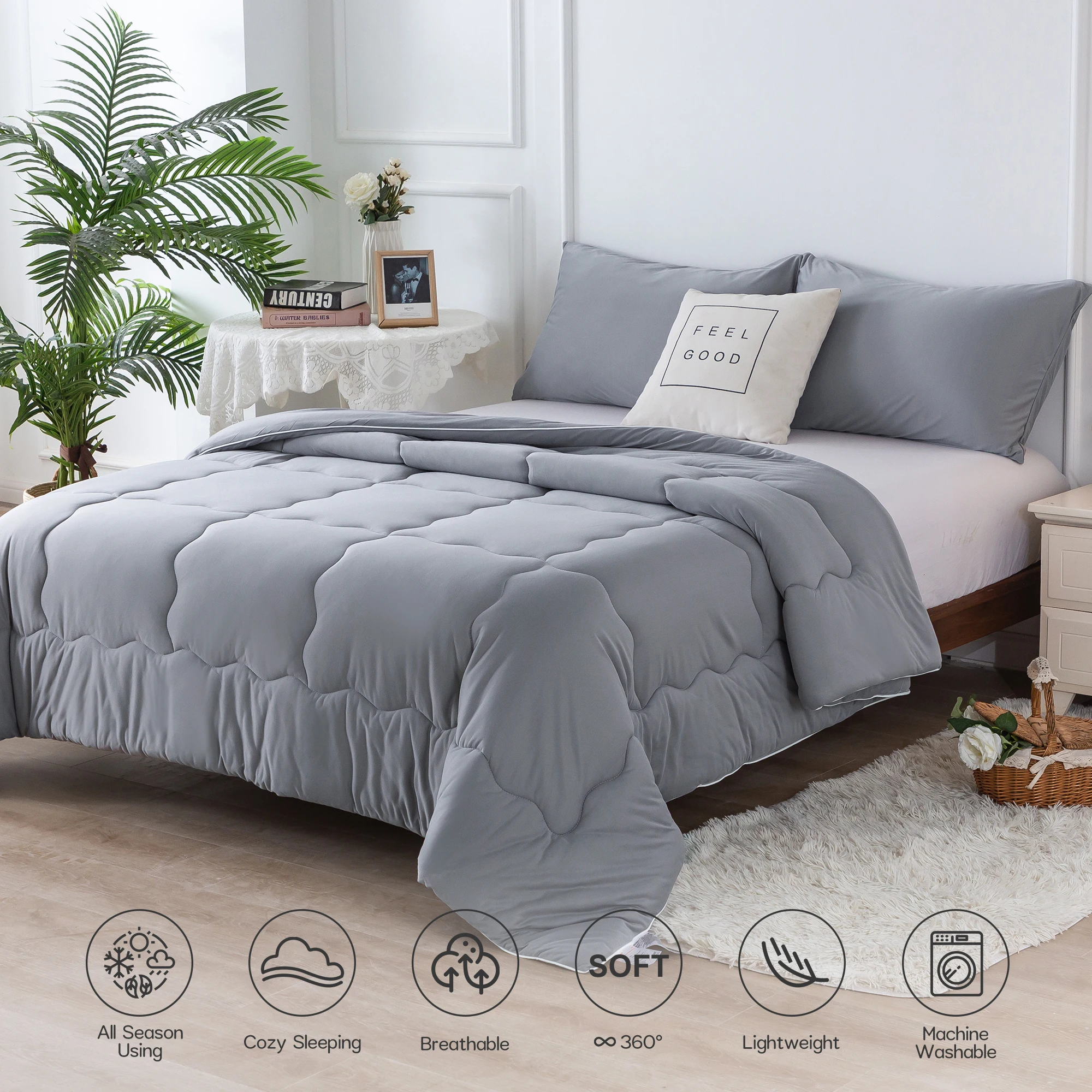 88inch*92 inch Full Size Reversible Ultra-Soft Jersey Knit Cotton Comforter Set ,lightweight for All Season Use, Dark Grey