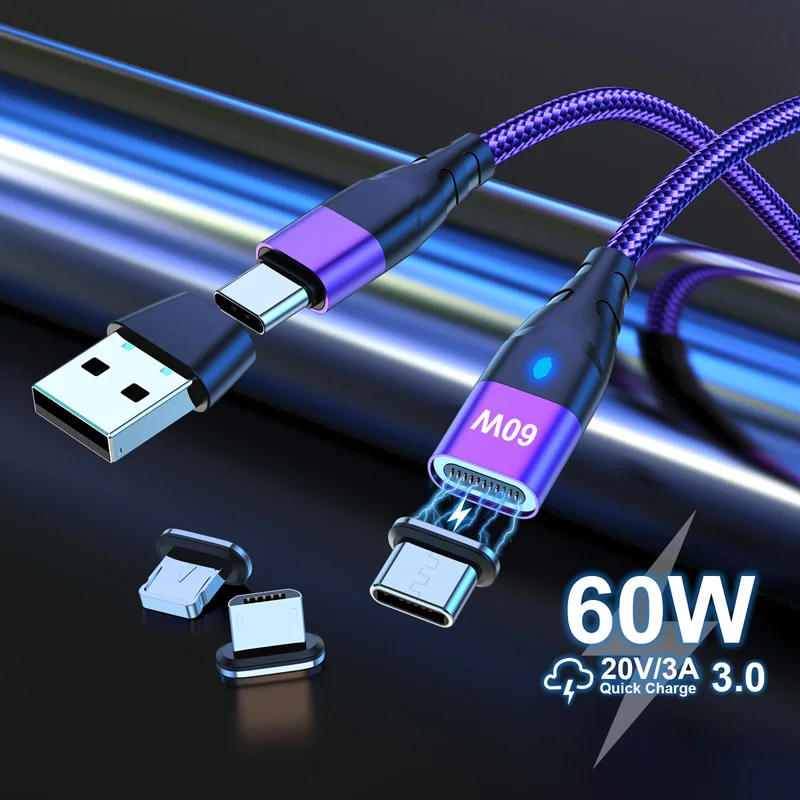 PD 60W Magnetische USB-kabel USB C naar Type C-kabel Snellaadkabel voor Huawei Dataladerkabel voor MacBook Games Speler