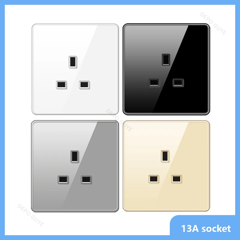 

UK 13A Wall Tempered glass Socket Plug,British Standard Double 13A Wall Electrical Power Outlet Panel Black/White/Gray/Glod