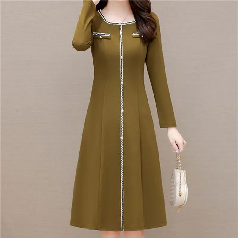 Plus Size Square Collar Wave Striped Knee-length Dress Office Lady Loose Waist Puff Sleeve A-line Skirt Pullover Women Grace