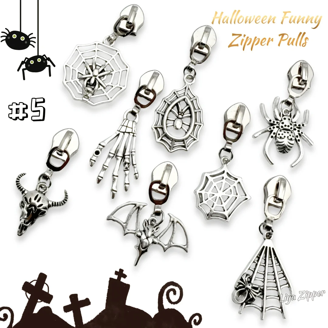 8pcs #5 Halloween-Themed Alloy Zipper Pulls, Different Shapes, with Alloy Pendants, Very Suitable for Wallet Making.