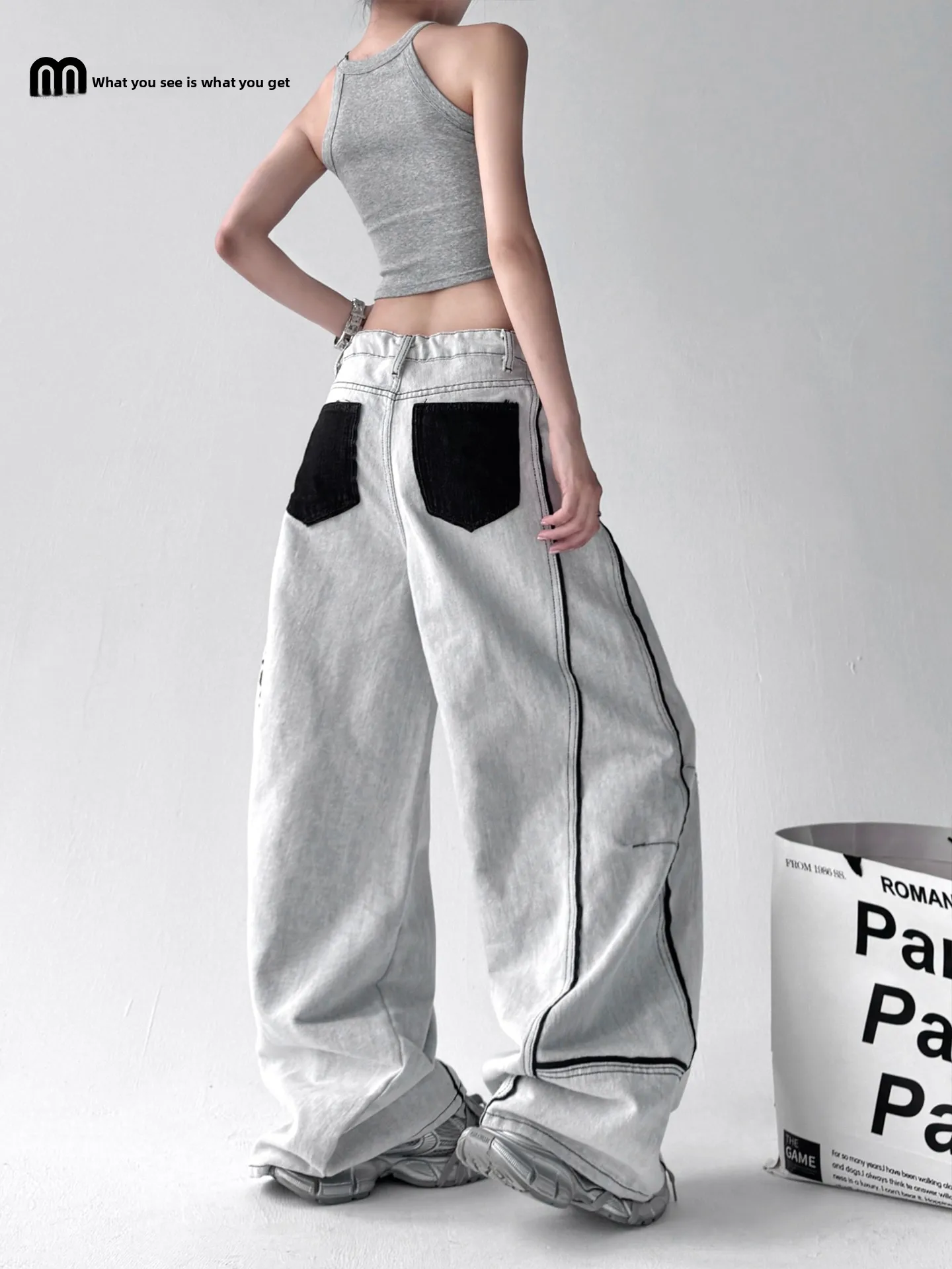 American Retro Color Blo Wide Leg Pants Women's Summer New Casual Loose Jeans High Waist Cotton Blend Elastic Waist