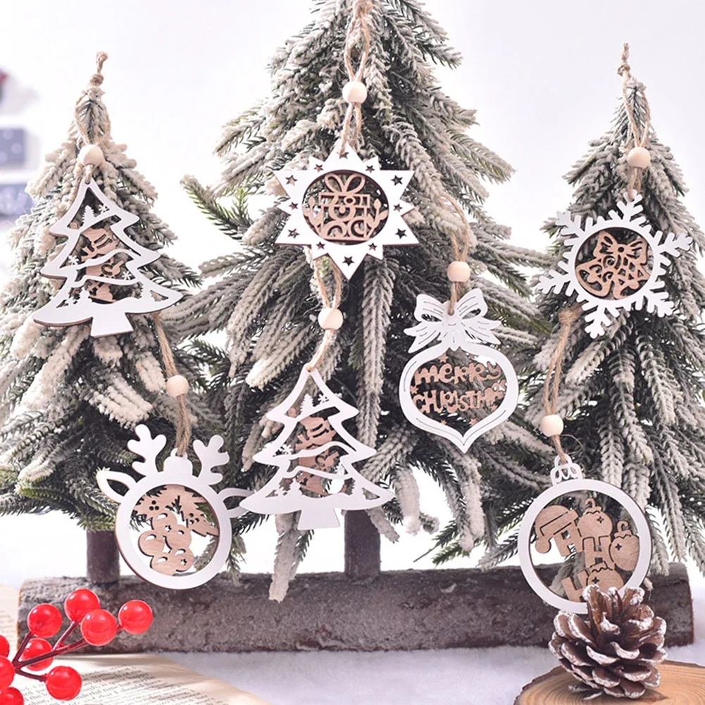 12Pcs Christmas Tree Wooden Hollow Double-layer White Pendant Snowflake Bell Home Party Tree Hanging Decoration DIY Gifts