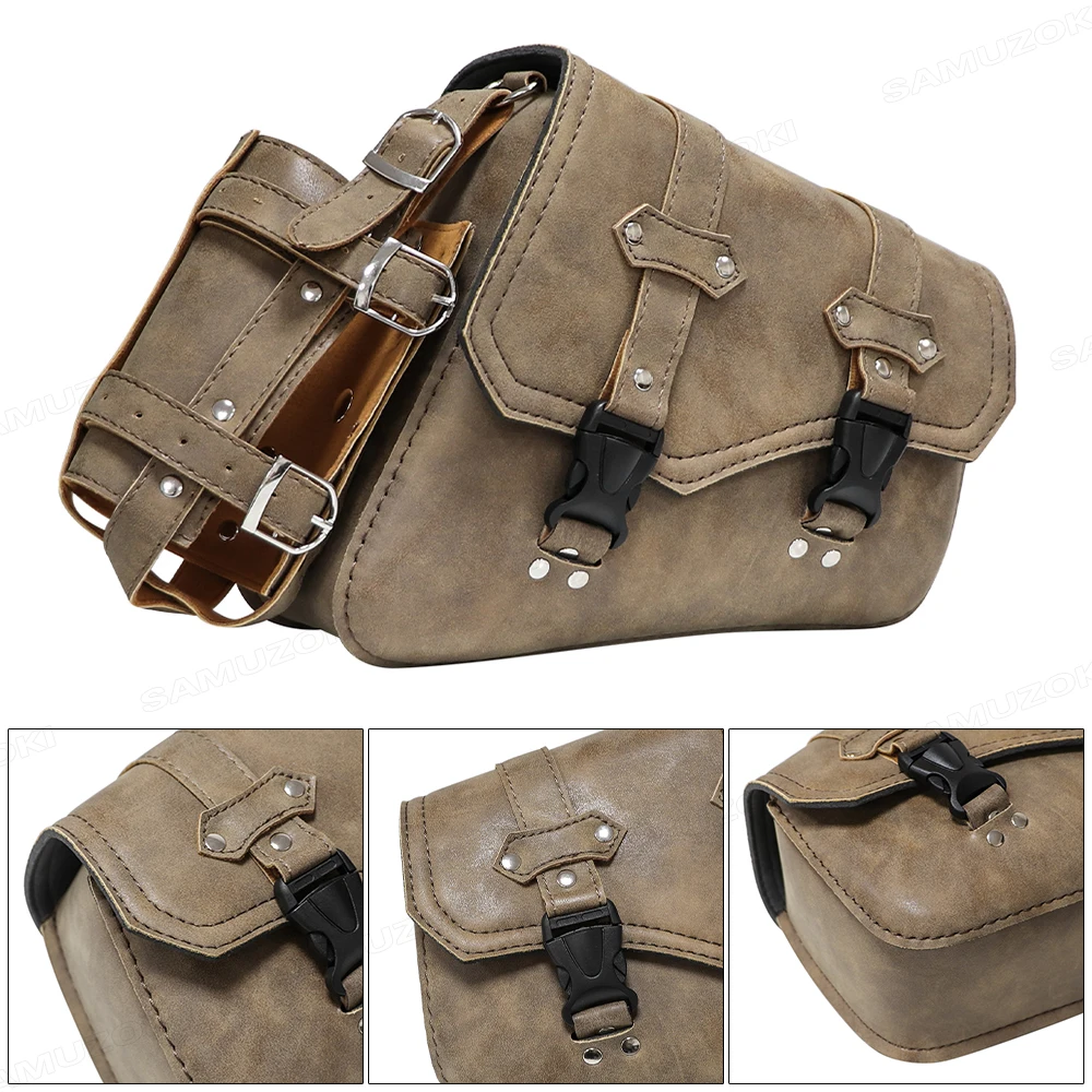 

Motorcycle Saddle Bags PU Leather Waterproof Tool Bag with Water Bottle Holder for Cafe Racer Cruiser Custom Luggage