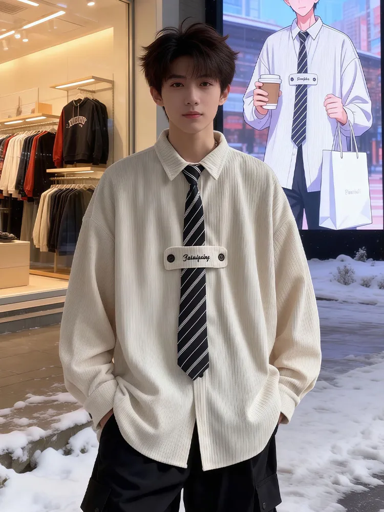 

American Retro Corduroy Long Sleeve Shirt Men's Spring Autumn Tie Design Sense High Grade Japanese Style College Wind Coat