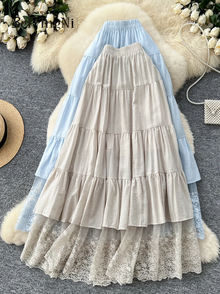 

Beiyingni Kpop Sweet Long Maxi Skirts for Women Lace Patchwork All-match High Waist Blue Pleated Skirt Female French Clothes