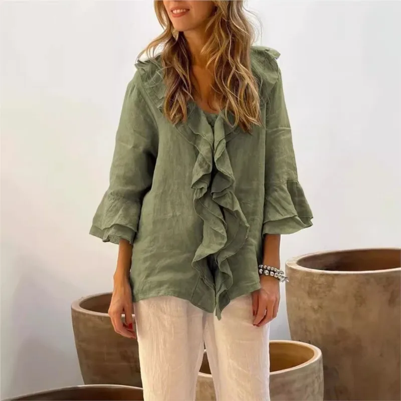

Spring and Autumn Solid Color Versatile V-neck Flying Fly Seven Sleeve Ruffle Single Row Multi Button Cardigan Curved Bottom Top