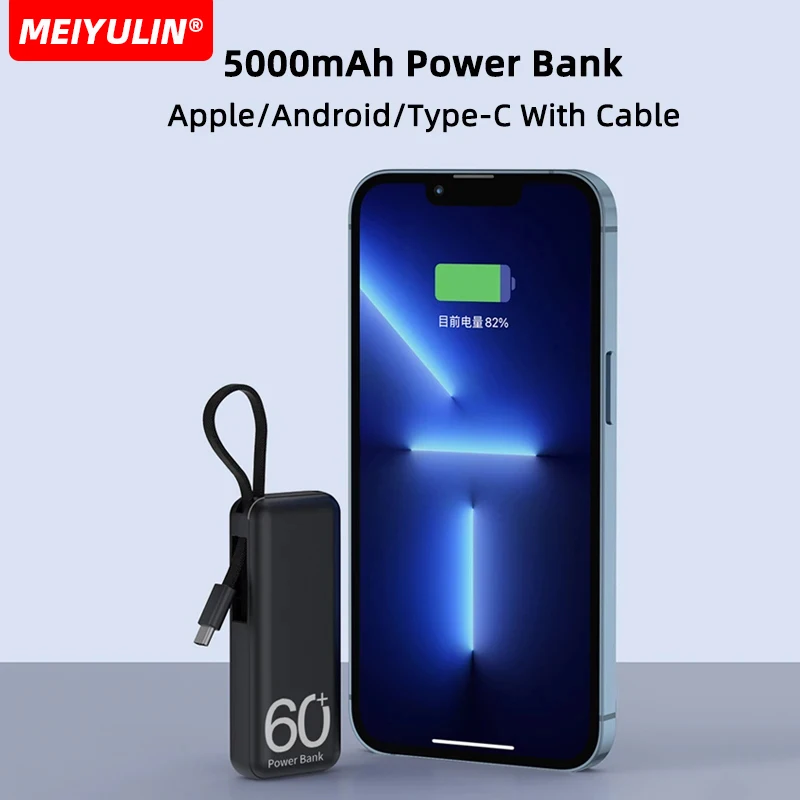 5000mAh Power Bank Fast Charger Built-in Type-C Cable Portable External Auxiliary Spare Battery For iPhone 15 14 Xiaomi Samsung