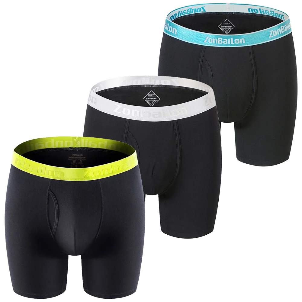 

Jinshi 3 Pack Men's Long Leg Boxer Briefs No Ride Up Bamboo Breathable Open Fly Underwear Pack