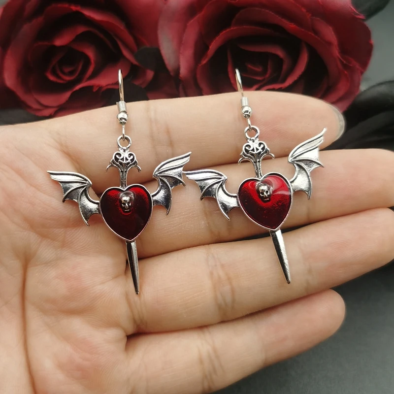 

New Goth Skull Heart Enamel Peach HeartEarrings Personality Retro Red Roses Flowers Gothic Women's Earings Hanging Jewellry