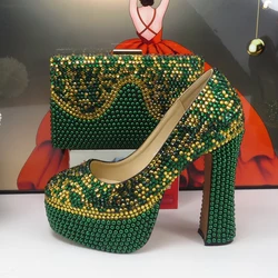 Women New arrival Green Pearl Crystal Girl's fashio Party shoes with matching bags Round toe High Pumps Platform shoes and Purse