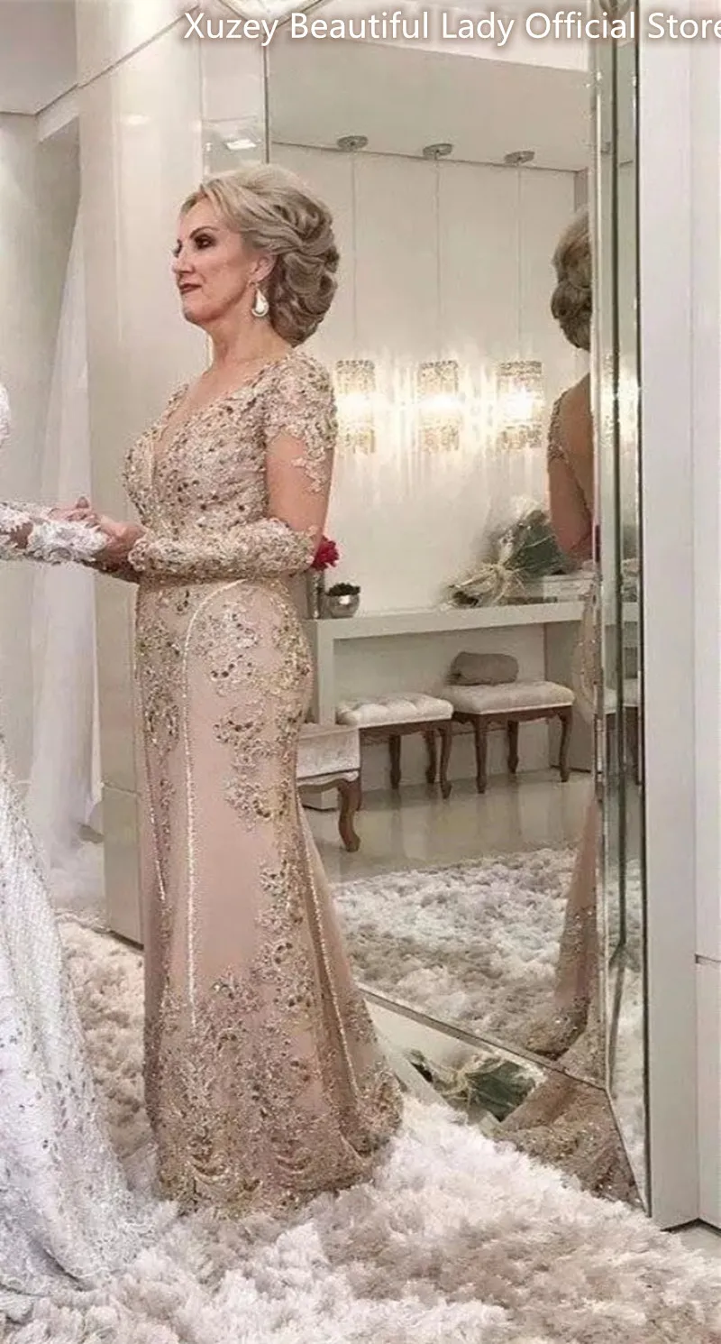 الدانتيل فساتين أم العروس طويلة الأكمام العرابة مساء حفل زفاف الضيوف الثياب Vestido Longo Festa De Casamento رداء