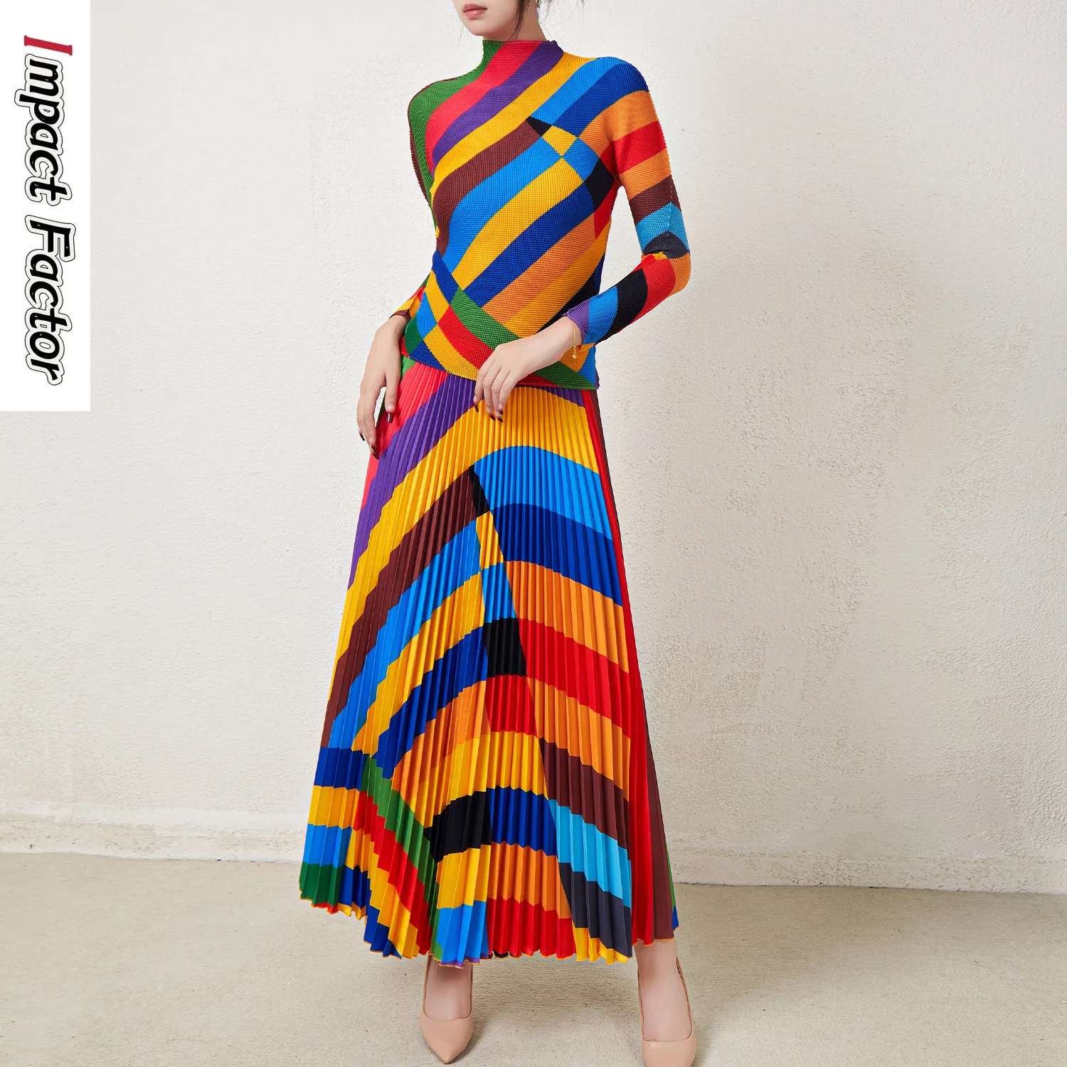 Miyake Fashion Set Women Pleated Printing Semi-turtleneck Corn Kernels Long-sleeved Top High Waist Versatile Skirt Two-piece Set