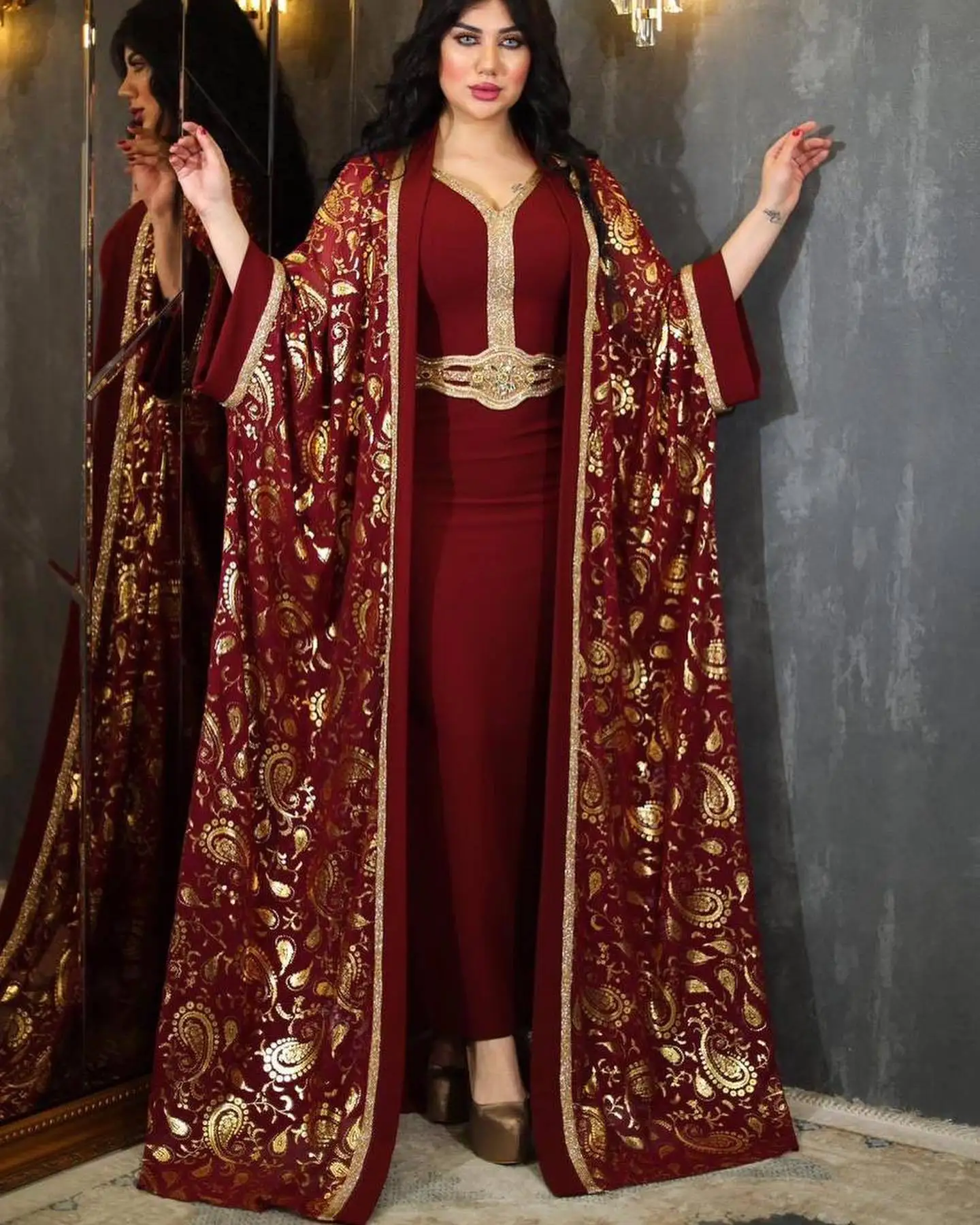 Middle East Muslim Robe Saudi Abaya Dubai Women Printed Dress Two-piece Suit Fashion Long Sleeves Evening Dresses