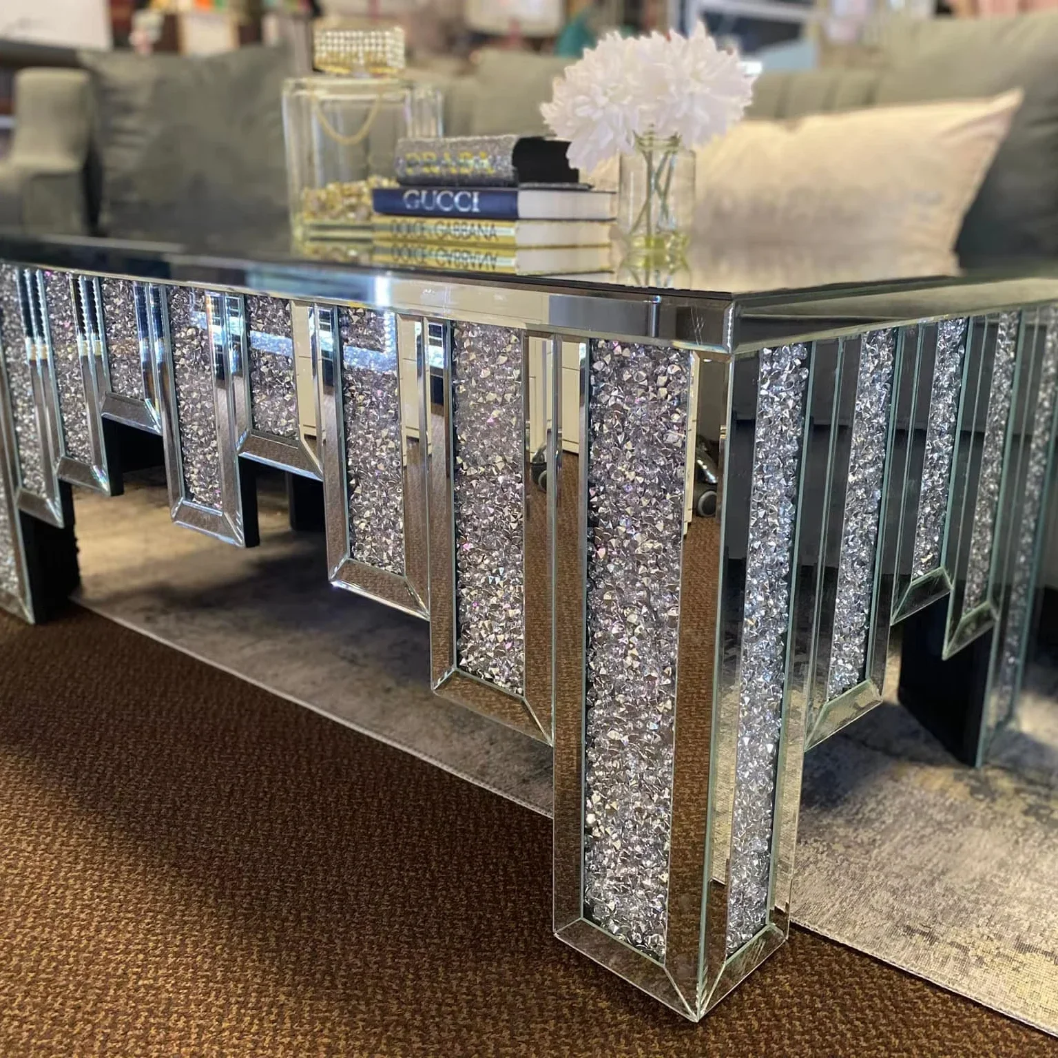 Mirrored living room  Furniture crush diamond Rose Gold Mirrored Furniture center  coffee table