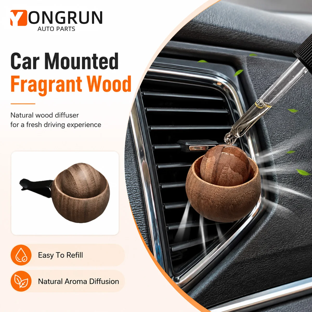 YONGRUN Car Diffuser Ball Natural Wood Aromatherapy Air Freshener Vent Clip Refillable Essential Oil Diffuser Vehicle Interior