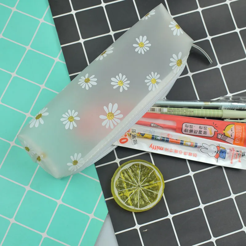 1Pcs Kawaii Transparent Pencil Case Daisy Gift Estuches School Pencil Box Pencilcase Pencil Bag School Supplies Stationery