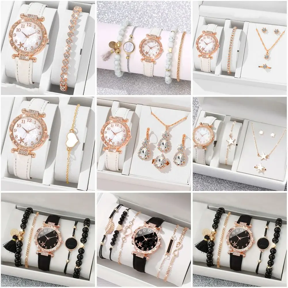 

Элегантные часы со стразами, комплект ювелирных изделий с кожаным ремешком, кварцевые наручные часы со звездой в форме сердца, цифровые весы, часы с бриллиантами, подарок