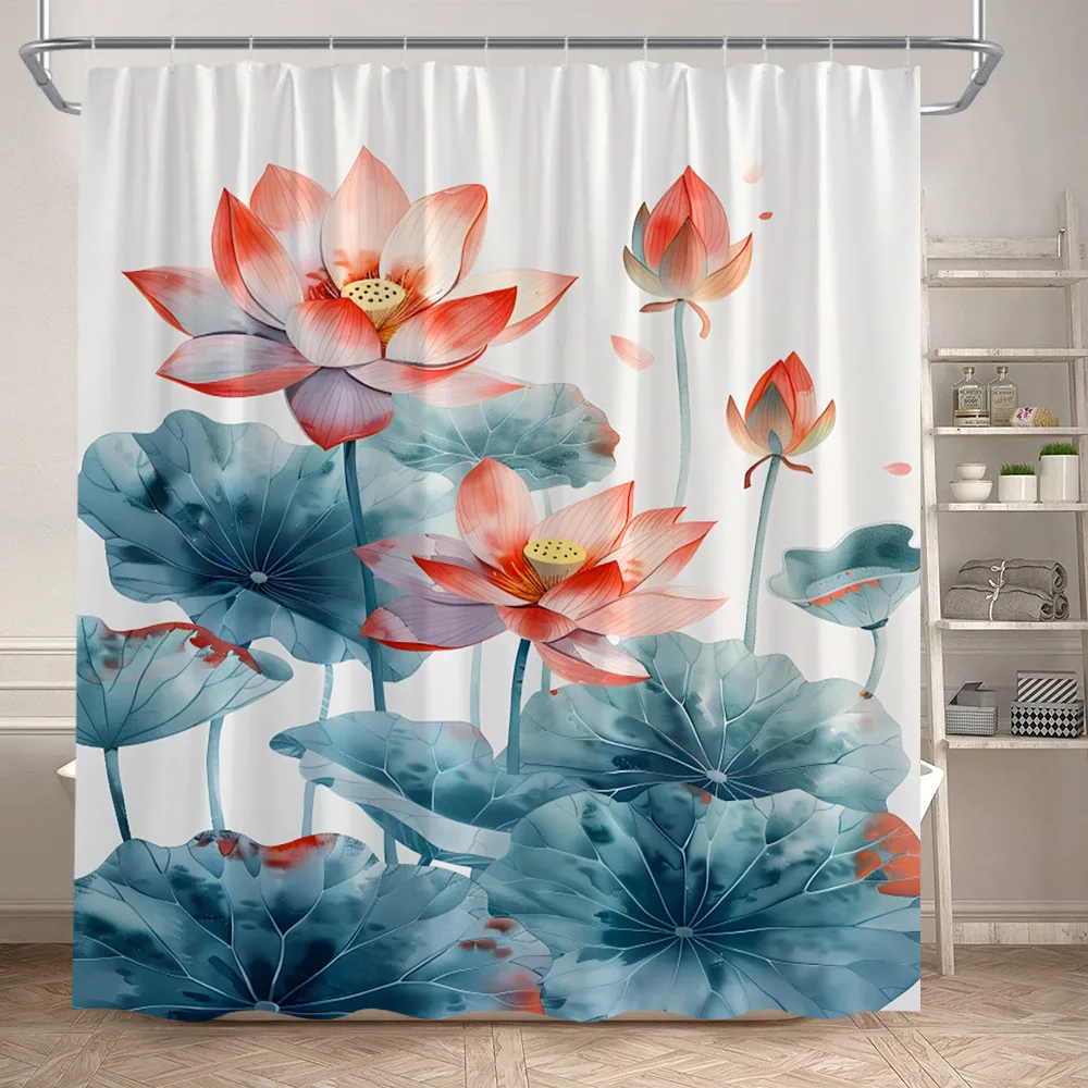 Pink Lotus Shower Curtains Vintage Chinese Style Flowers Plants Lake Nature Scenery Home Bathroom Decor Bath Curtain With Hooks