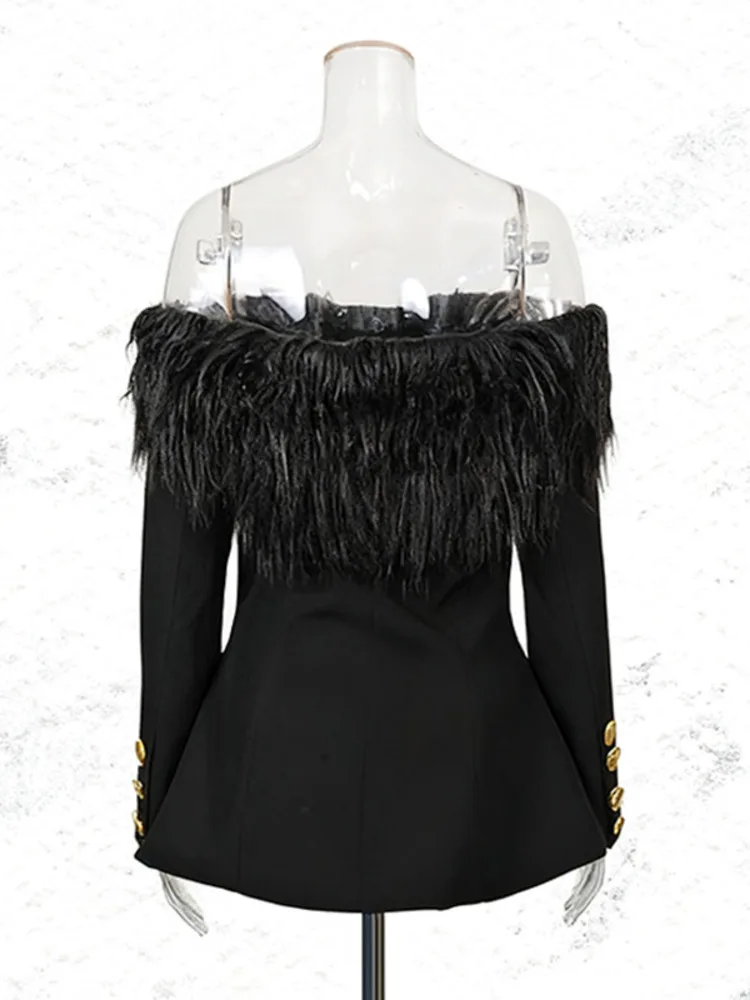 سترة نسائية عصرية من ZMEENNA باللون الأسود مكشوفة الأكتاف معطف بيبلوم بأزرار ذهبية وأكمام طويلة ملابس خارجية بقصة ضيقة ZM4644 #4