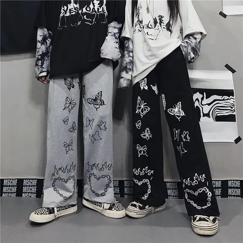 Summer 2024 New Korean Version Of Ins Y2k Harajuku Style Retro Butterfly Print Wide Leg High Waist Casual Pants For Men Women