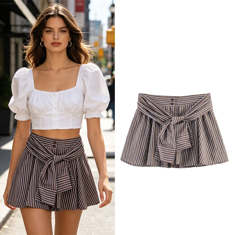 

Женская юбка-шорты 2026: Новая модная коллекция Весна-Лето, в полоску, с бантом, повседневная, шикарная, для женщин, с индивидуальным стилем