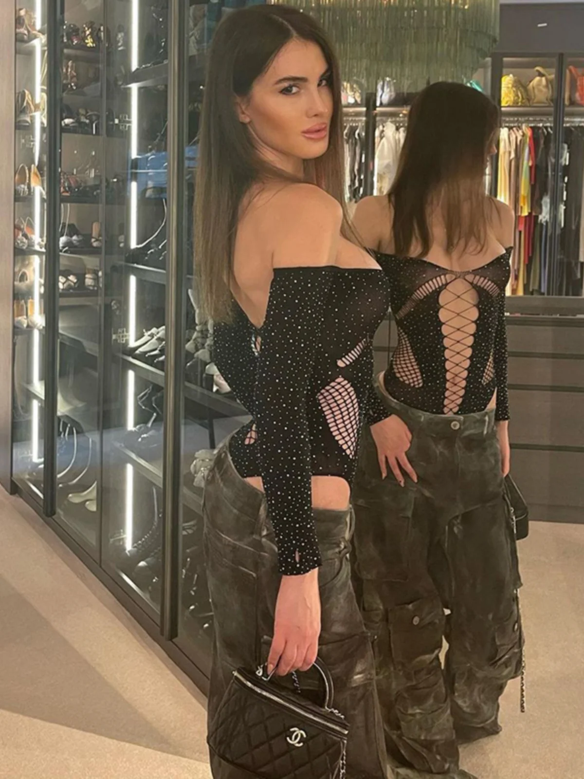 Y2K Sexy adelgazante ahueca hacia fuera el diamante un hombro largo Sve Top Street Sle cintura alta pantalones ortopédicos exclusivos en línea