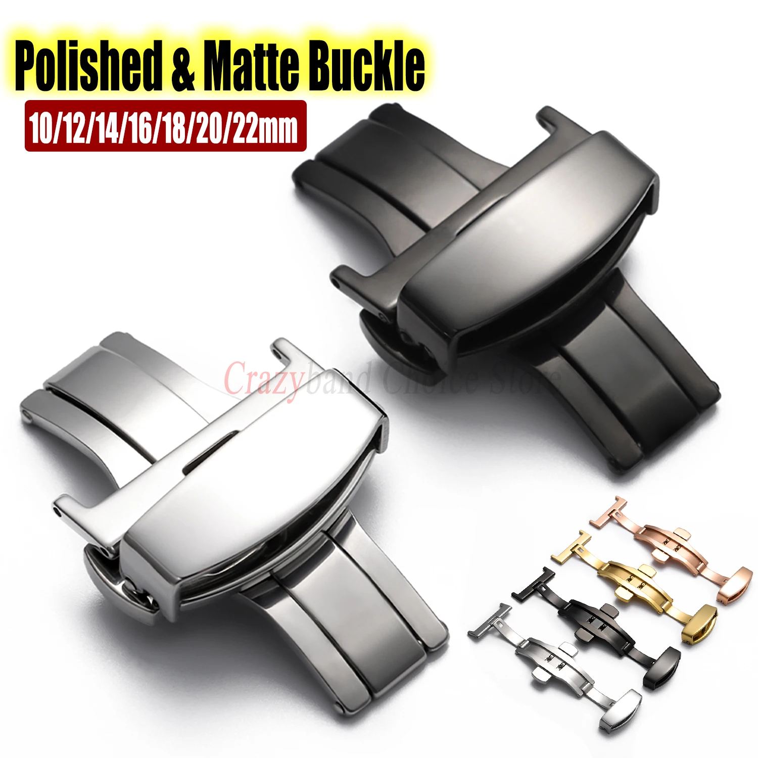 Stainless Steel Butterfly Buckle Polished Matte Button Universal WatchBand Buckles 16mm18mm20mm22mmLeather Strap Clasp Accessory
