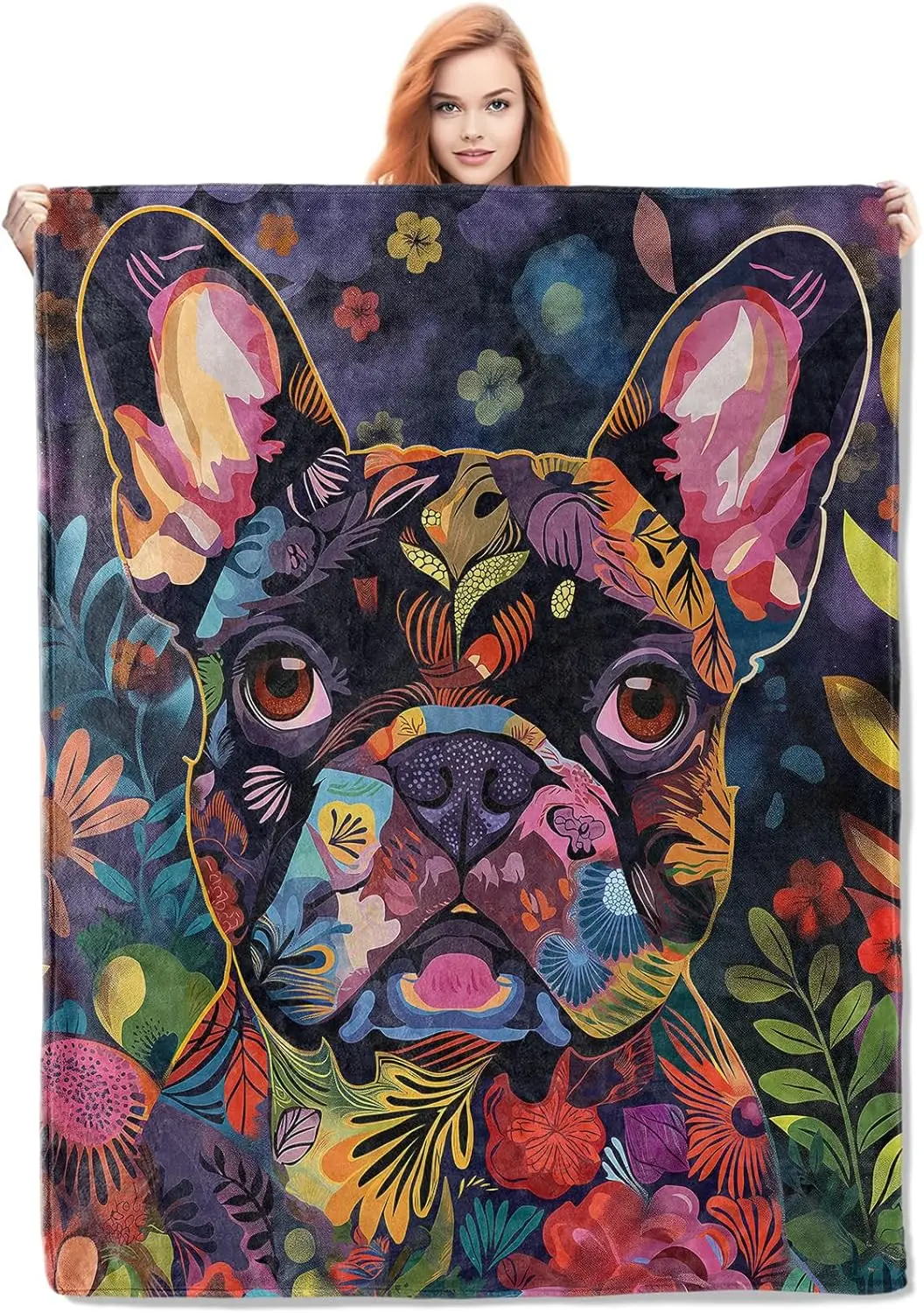 Colorful Floral French Bulldog Flannel Blanket,Artistic Flower and Pet Soft Lightweight Throw Blankets Gifts for Women DogLovers