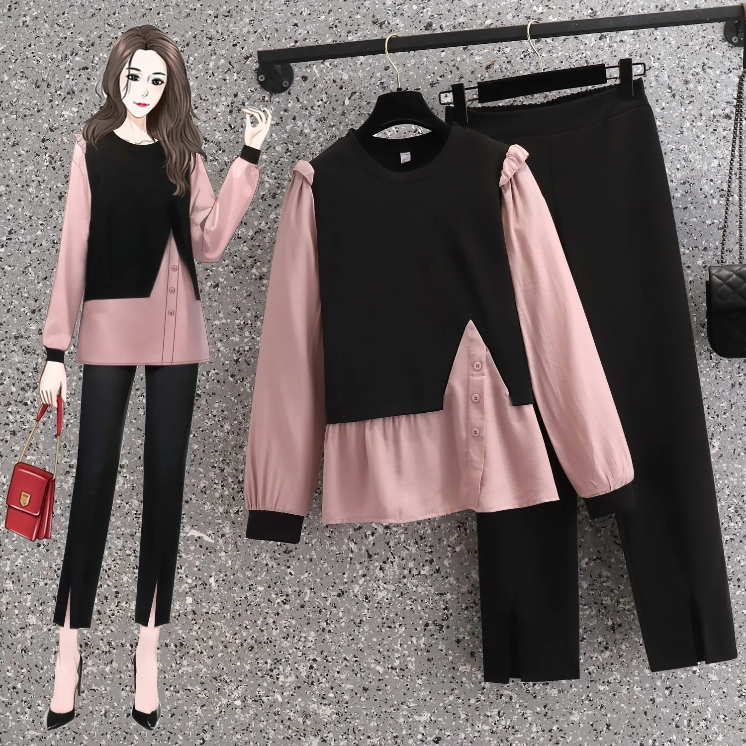 Asymmetric Splice Long Sleeve Chiffon Shirt Casual Pencil Pants Two Piece Elegant Women\'s Pants Set Summer Outfits