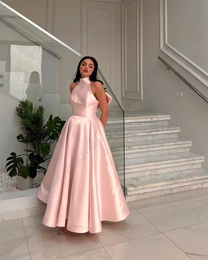 OIMG Elegant Pink A Line Bow Evening Dresses Women Sleeveless Pleats Floor Length Prom Gowns Formal Party Dress Vestido de noche