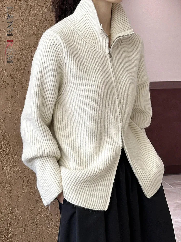 [LANMREM] Fashion Knitting Cardigan Sweater For Women Turtleneck Double Zipper Warm Coats Minimalism 2024 Winter New 26C775