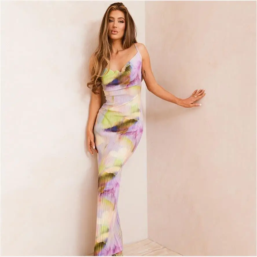 

Sexy Pleated Print Sling Dr Long Evening Gown Bal Wrap Ne Design Strapl Evening Gown for Women in Summer