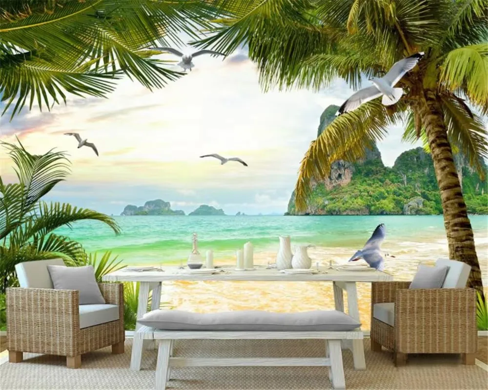 

Custom size mural coconut tree Seagull mural home decoration blue sky white cloud decorative painting tapestry 3d wallpaper