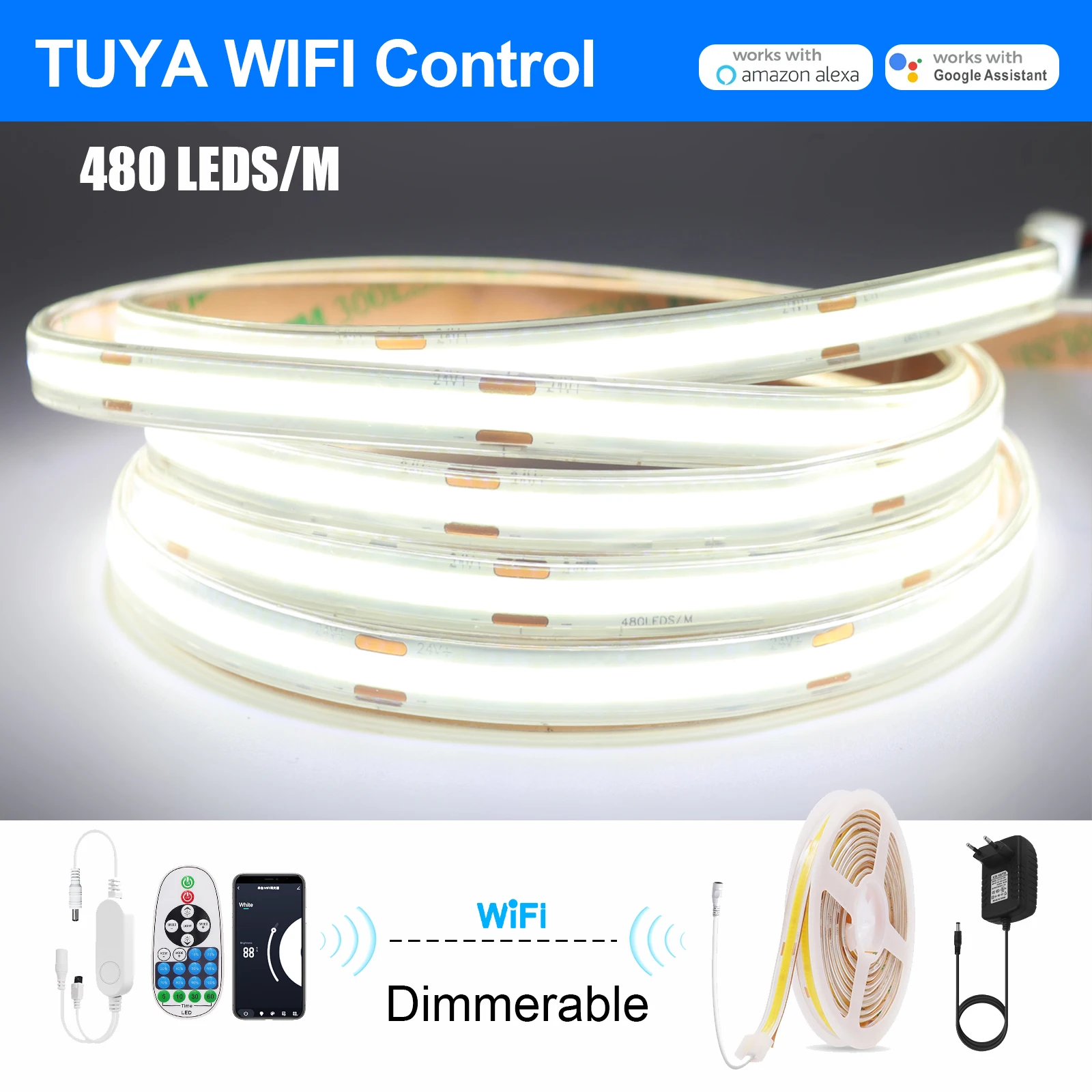 Tuya WIFI Dimmerable COB Strip Kit Waterproof Warm/Natural White 480Leds/M High Brighter Home Decor LED Srip DC 12V 24V