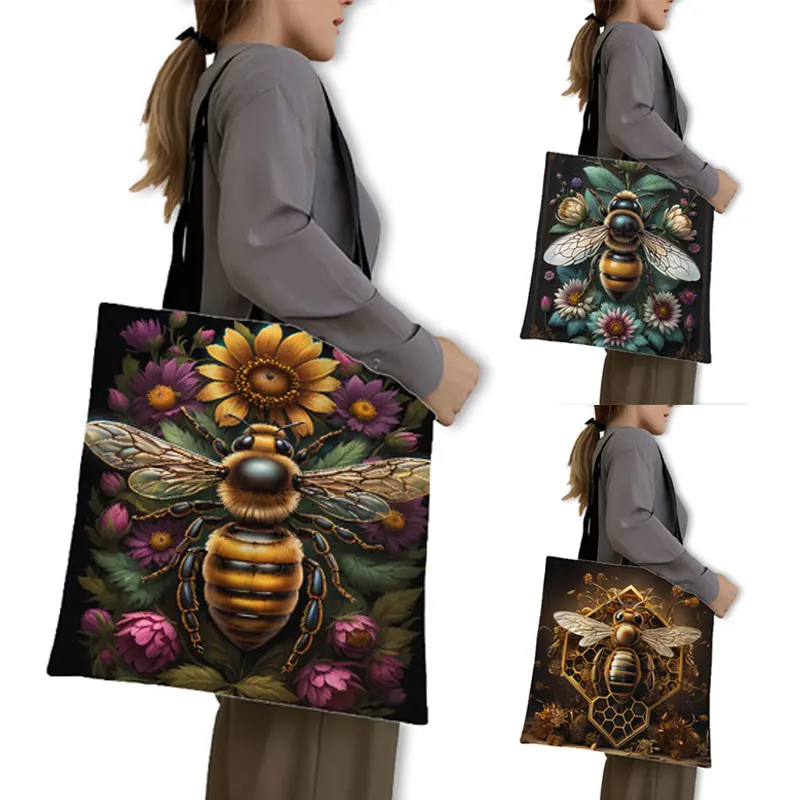 

Golden Bee with Flowers Print Shopping Bag Women Handbag Tote Bag Large Capacity Shoulder Bag Eco Portable BookBag