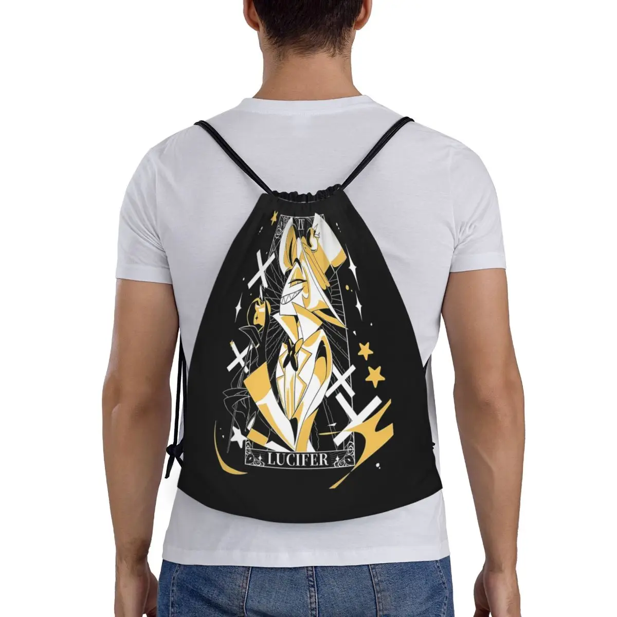 حقيبة ظهر Lucifer Morningstar Hazbins Hotels برباط حقيبة رياضية لصالة الألعاب الرياضية حقيبة بسلسلة للجري