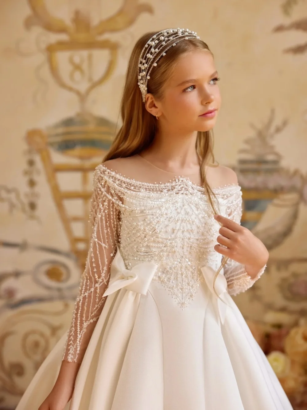 2026 Gorgeous Sparkling Pearls Long Dresses For Brithday Party Stunning Long Sleeve Princess Gown Elegant Formal Gowns 2-14Y