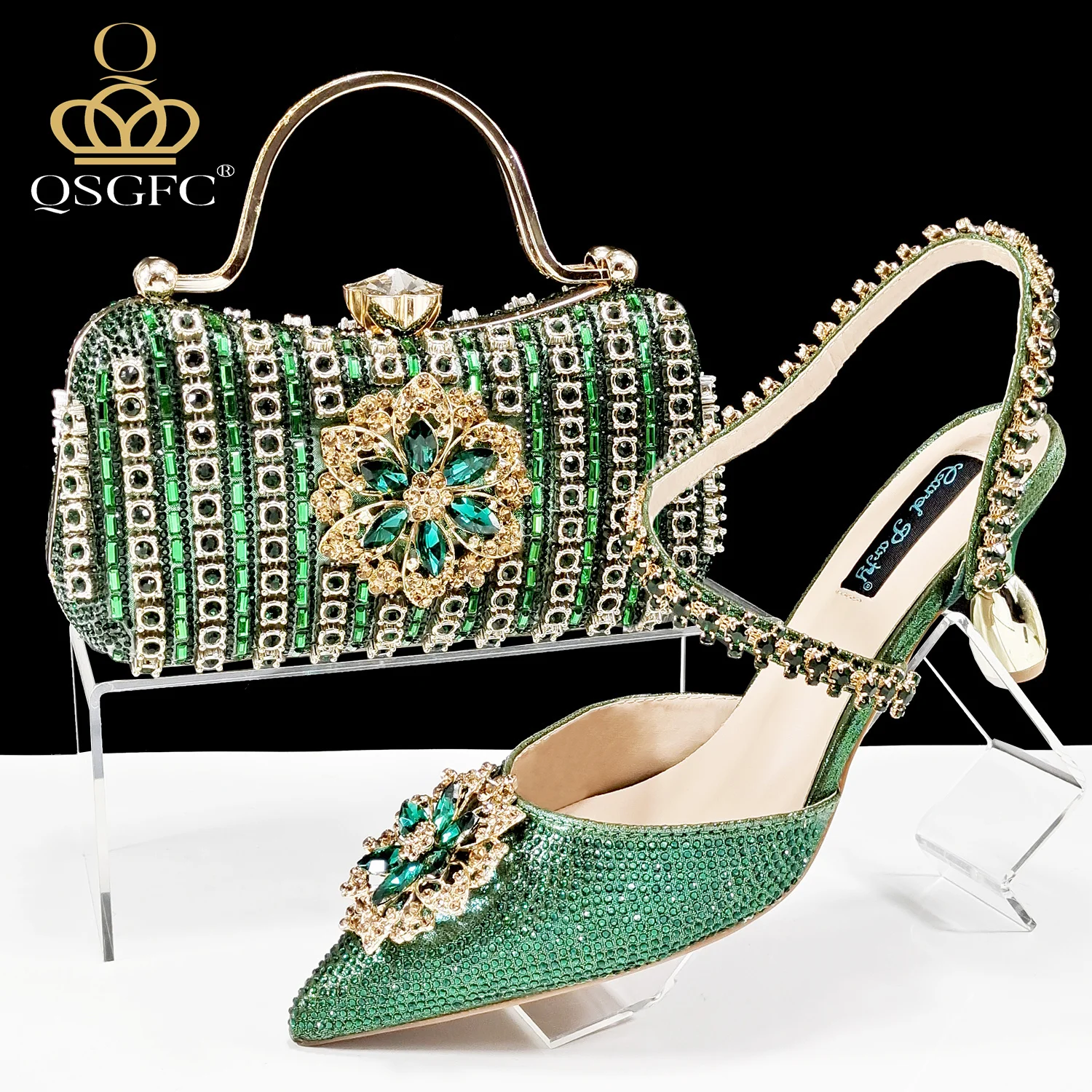 Hot Selling Colorful Rhinestone Design Elegant Style Green Color Pointed Toe High Heel Women Shoes and Bag Set for Party Wedding