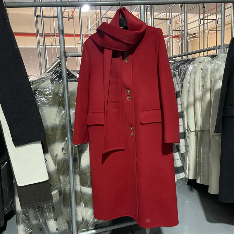 

RosEvans High-end Thick Double-sided Cashmere Coats Women Long Autumn Winter New Loose Single-breasted Big Scarf Woolen Overcoat