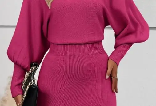 

2025 Autumn Winter Women's Knitted Woolen Dress with Long Sleeved Sexy Solid Color Waist Cinching Slimming Hip Hugging Skirt