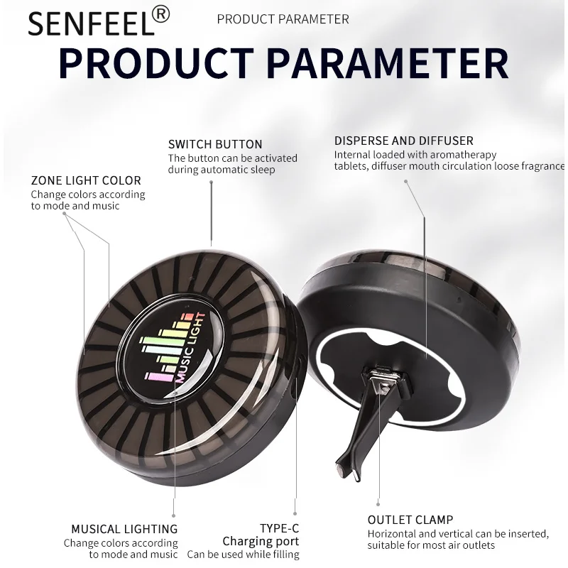 Lâmpada Car Music Rhythm, Purificador de Ar, Controle de Som RGB, Controle de Voz, Controle de 256 Cores, Luz Atmosfera