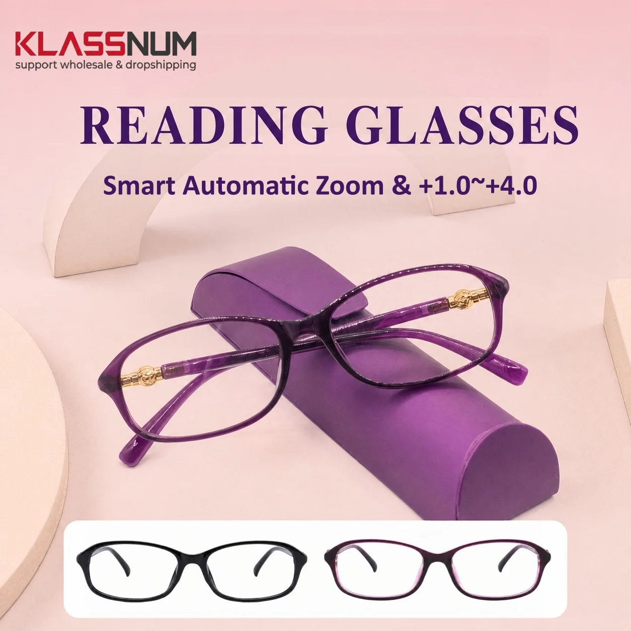 KLASSNUM Smart Automatic Zoom Reading Glasses For Women Anti Blue Light Presbyopia Glasses with Case Portable Computer Eyeglass