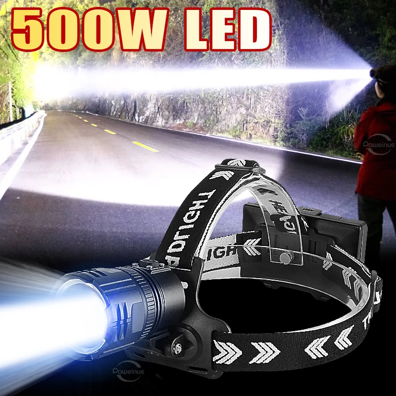 New Powerful LED Headlamp XHP90 High Power Headlight 500W LED Head Flashlight USB Rechargeable Fishing Waterproof Head Lamp