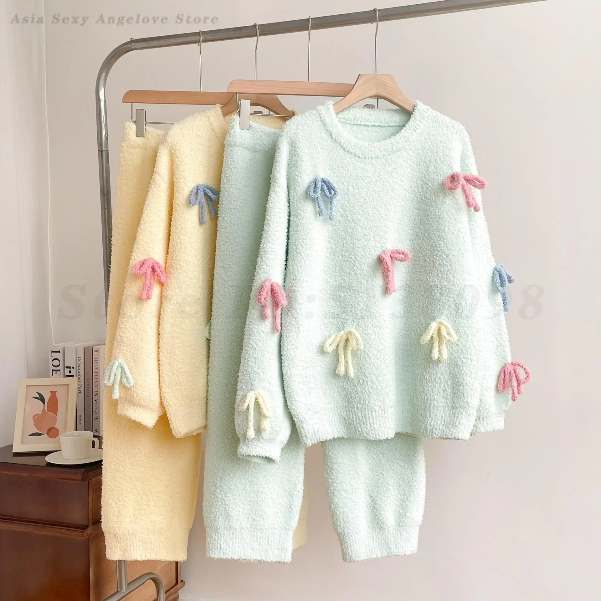 Sweet Bow Pajamas Set Autumn Winter Half Flannel Sleepwear Women's Round Neck Home Clothes Thick Warm Plush Nightwear Loungewear