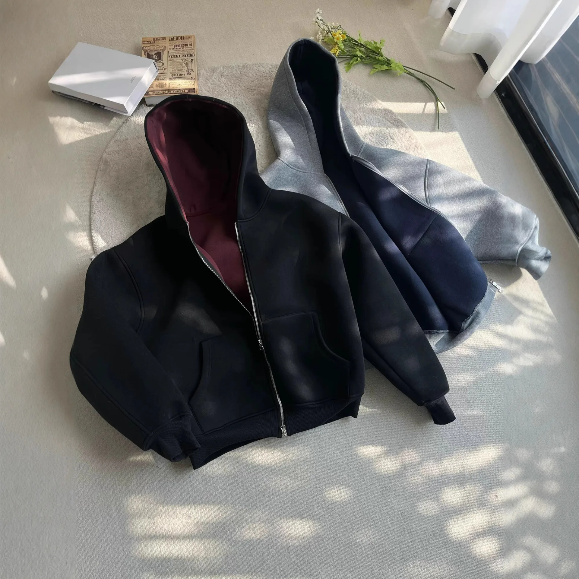 Hooded Sweater Jacket Air Layer Double-sided Wear Zipper Cardigan Loose Casual Korean Version Top