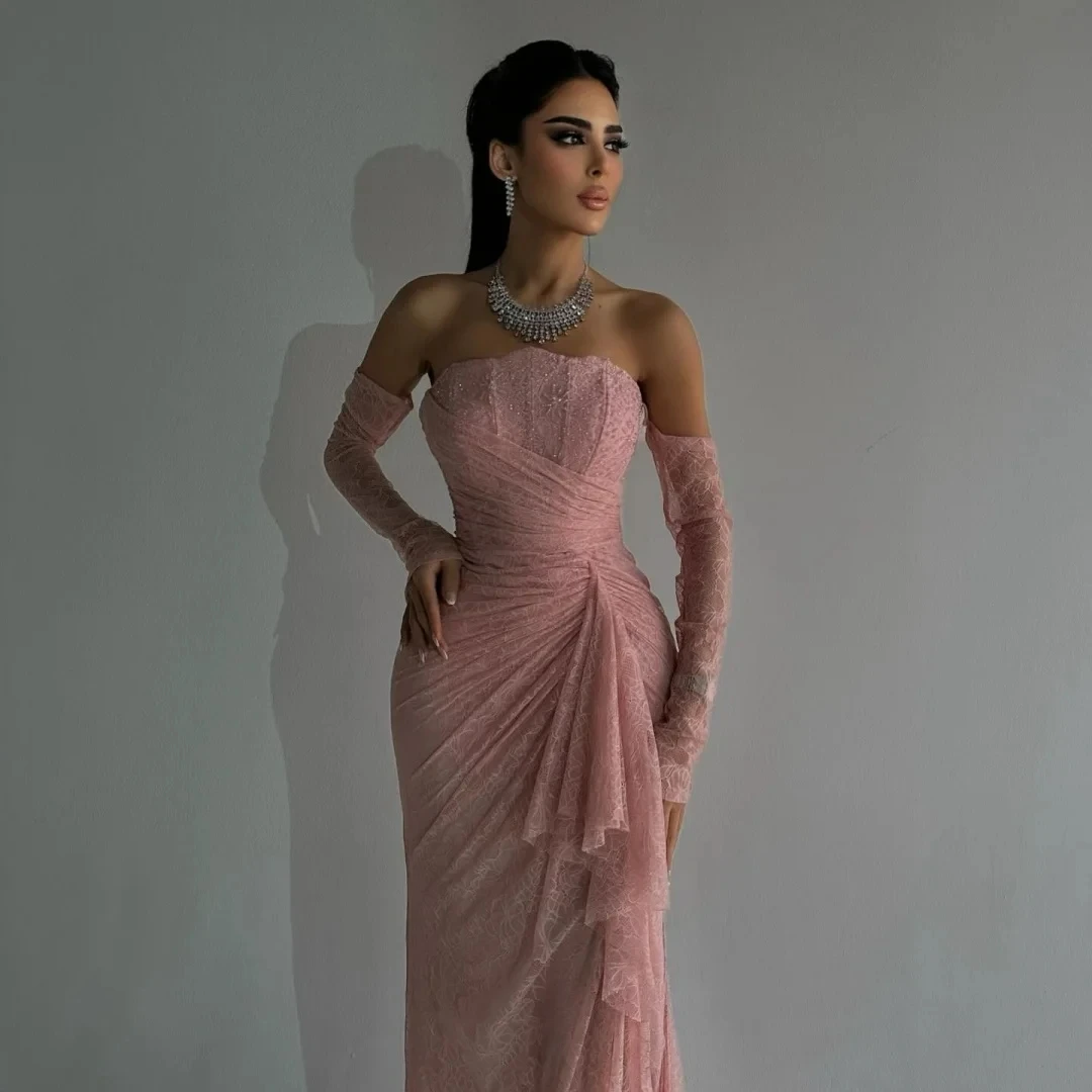Classic Pink Lace Formal Evening Dress Strapless Pleats Side Slit Long Mermaid Prom Pageant Party Gowns Robe De Soiree Gala