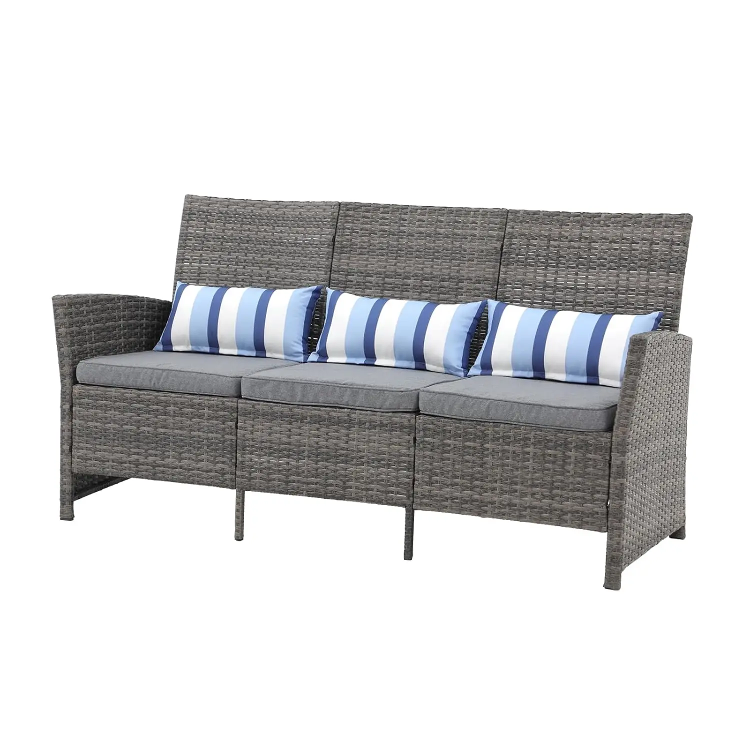 

3 Seat Outdoor Wicker Sofa Grey PE Rattan Grey Cushions Lumbar Pillows Steel Frame Porch Backyard Pool, Customized